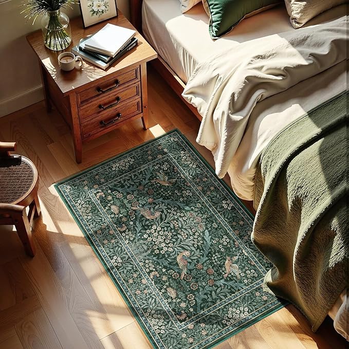 2x3 Floral Washable Area Rug for Entryway, Vintage Boho Rugs for Living Room Bedroom Dining Room, Botanical Birds Non Slip Low Pile Forest Animal Throw Carpet for Farmhouse Office, Retro Green/Blue