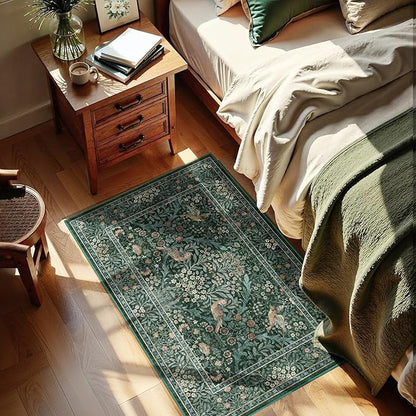 2x3 Floral Washable Area Rug for Entryway, Vintage Boho Rugs for Living Room Bedroom Dining Room, Botanical Birds Non Slip Low Pile Forest Animal Throw Carpet for Farmhouse Office, Retro Green/Blue