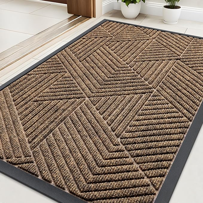 Kitinjoy Front Door Mat Outside Entrance, Sturdy Natural Dirt Trapper, Heavy Duty Rubber Doormat, Low Profile Non-Slip Backing, Easy Clean Floor Mat for Indoor Outdoor Entry, 35X23 Inch, Brown
