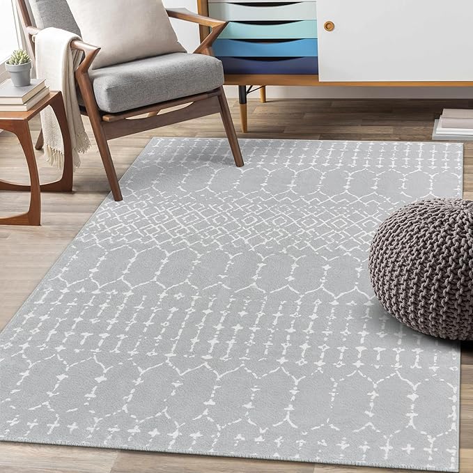 Lahome Moroccan Washable Living Room Area Rug 3x5 Small Rugs for Bedroom Throw Non-Slip Low-Pile Entryway Rug Kitchen Rugs Soft Grey Distressed Capet for Office Bathroom Laundry Room Dining Room