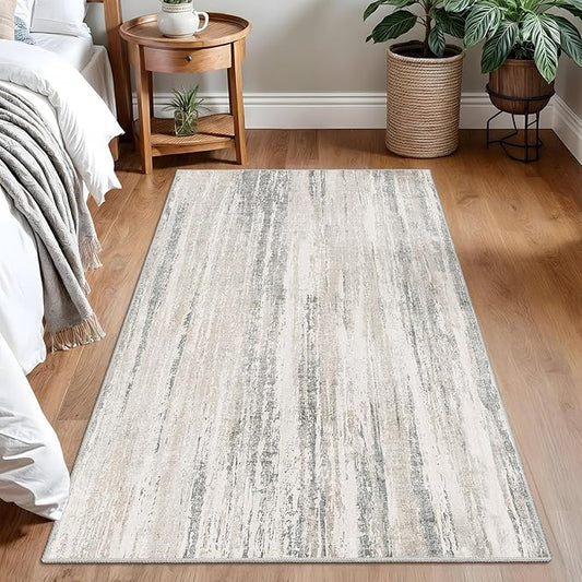 MUJOO 3x5 Rug Washable,Entryway Rug Small Area Rugs for Bedroom Living Room Kitchen Bathroom,Modern Abstract Non Slip Carpet,Indoor Entry Mat,Low Pile Throw Rug Neutral Accent Beige and Grey