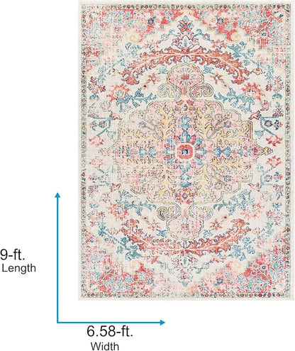 Livabliss Area Rugs - 7x9 Odelia Vintage Boho Red Off-White Blue Area Rug for Living Room Bedroom - Floral Medallion Stain Resistant Carpet for Kitchen, Nursery, Office (6'7" x 9')