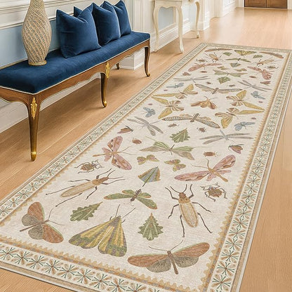 8 ft Long Hallway Rug - 2'6''x8' Wide Kitchen Runner Rug, Non-Slip & Stain Resistant Long Floor Rug, Neutral Beige Boho Floral Insect Decor
