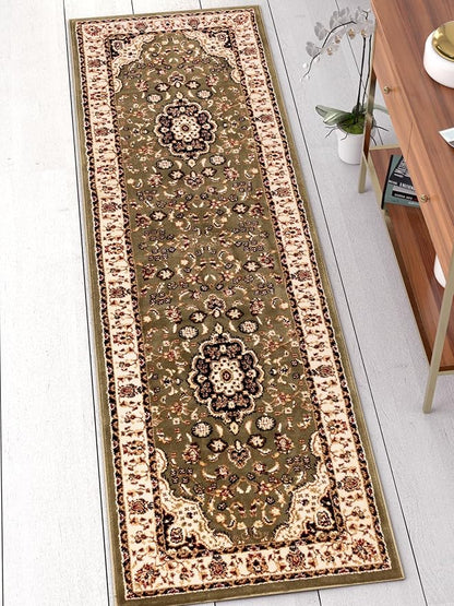 Well Woven Barclay Collection Medallion Kashan Green 2x7 Runner Rug - for Hallways, Kitchens, and Entryways