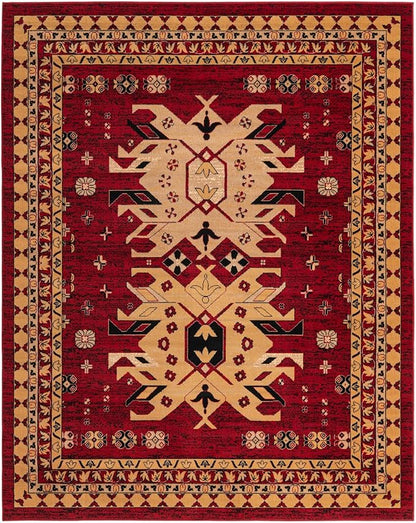 Unique Loom Taftan Collection Border Geometric Tribal Inspired Design Area Rug (8' 0 x 10' 0 Rectangular, Red/ Gold)