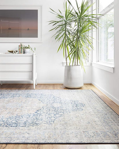 Loloi Layla Collection LAY-07 Blue/Tangerine 2'-6" x 12'-0" .13" Thick Runner Rug, Soft, Durable, Vintage Inspired, Distressed, Low Pile, Non-Shedding, Easy Clean, Printed, Living Room Rug