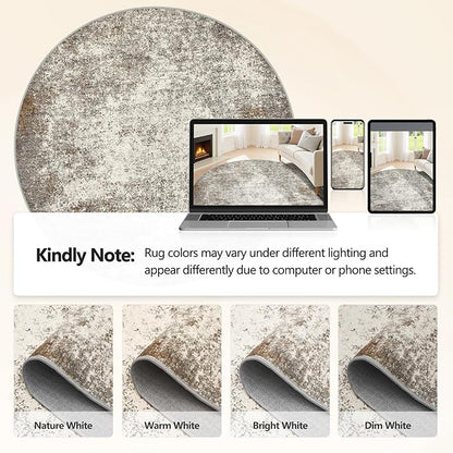 8ft Washable Round Rug - 8x8 Area Rugs Modern Abstract Rugs for Living Room Non-Slip Low Pile Soft Machine Washable Carpet for Bedroom, Living Room, Dining Room, Nursery, Farmhouse (8'x8' Brown Grey)