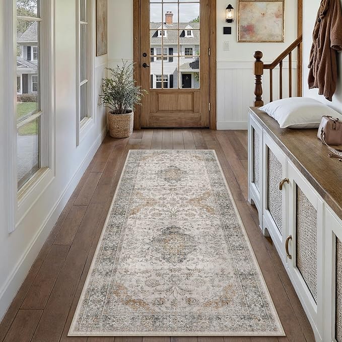 HUGEAR 2x6 Runner Rug Hallway Machine Washable Retro Taupe Green Vintage Floral Low Pile Carpet Distressed Long Throw Rug Bedroom Office Bathroom Kitchen Laundry Non Slip Soft Lightweight