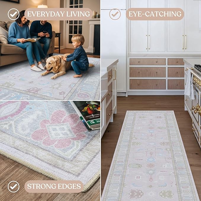 Fame Living Pink Oushak Rug, Modern, Vintage, Turkish, Eclectic, Floral, Pastel, Washable, Oversized, Extra Large Area Rugs for Living Room, Dining, Bedroom, Lounge 9'5"x14'