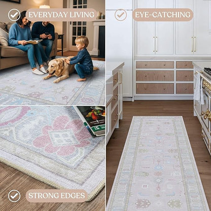 Fame Living Pink Oushak Rug, Modern, Vintage, Turkish, Eclectic, Floral, Pastel, Washable, Oversized, Extra Large Area Rugs for Living Room, Dining, Bedroom, Lounge 9'5"x14'
