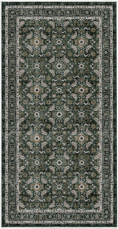 WITSHOCK Washable 2x4 Entryway Area Rug: Soft Non-Slip Backing Washable Rugs Vintage Flower Boho Accent Small Rugs for Bedroom, Kitchen, Bathroom, Nursery Entrance,Dark Green