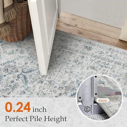 Blue 6x9 Area Rug Vintage Washable Living Room Carpet Non Slip Bedroom Indoor Office Low Pile Large Traditional Distressed Retro Accent Rug for Dining Room Bathroom Kitchen