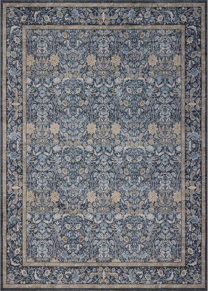 Washable Living Room Rug: 10x14 Boho Floral Soft Area Rug for Bedroom Decor - Vintage Low Pile Thin Carpet for Dining Room Non-Slip - Farmhouse Stain Resistant Rugs - Slate Blue
