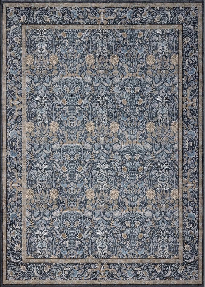 Washable Living Room Rug: 8x10 Boho Floral Soft Area Rug for Bedroom Decor - Vintage Low Pile Thin Carpet for Dining Room Non-Slip - Farmhouse Stain Resistant Rugs - Slate Blue