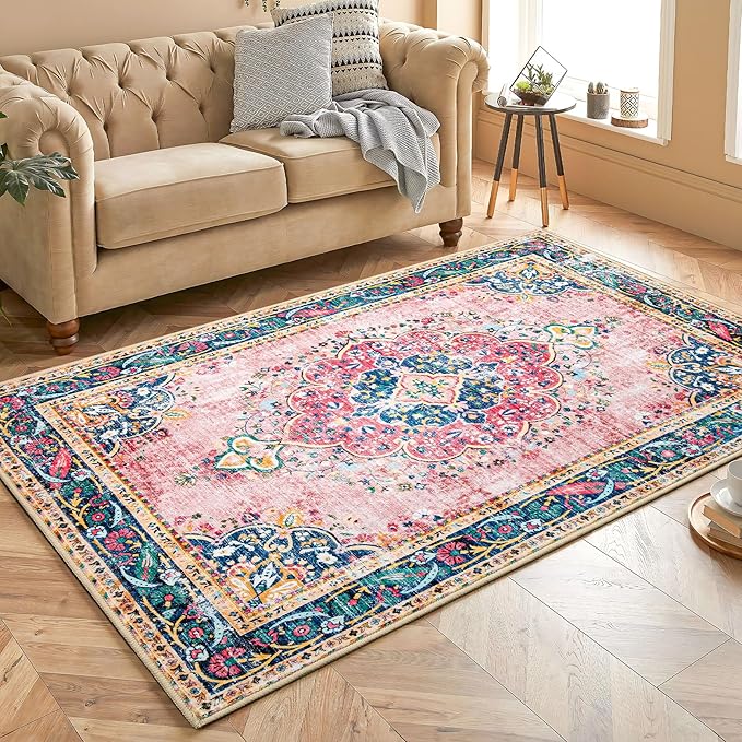 Boho Rug 3x5 Pink Small Area Rug Washable Vintage Rug for Kitchen Living Room Bedroom Bathroom Office Low Pile Non Slip Indoor Floor Carpet