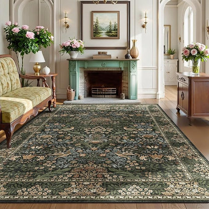 5x7 Floral Washable Area Rug for Living Room, Vintage Boho Rugs for Bedroom Dining Room, Botanical Birds Non Slip Low Pile Forest Throw Carpet for Farmhouse Office, Retro Gold/Green