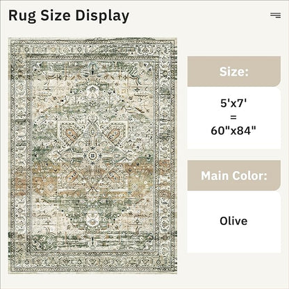 5x7 Area Rugs Low Pile Indoor Washable Trendy Faded Style Rugs for Bedroom Living Room Dining Room Foldable Non-Slip Thin Print Mat Green Olive Beige