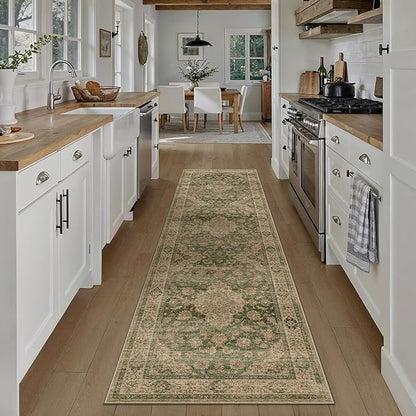 HUGEAR 2x10 Runner Rug Hallway Machine Washable Retro Green Vintage Floral Low Pile Carpet Distressed Long Throw Rug Bedroom Office Bathroom Kitchen Laundry Non Slip Soft Lightweight