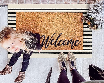 KOZYFLY Black and Beige Striped Porch Rug 2x3 Ft Small Area Rug Cotton Outdoor Doormat Front Door Rug Washable Outdoor Rug Farmhouse Layered Door Mat for Front Door Entryway Patio Porch