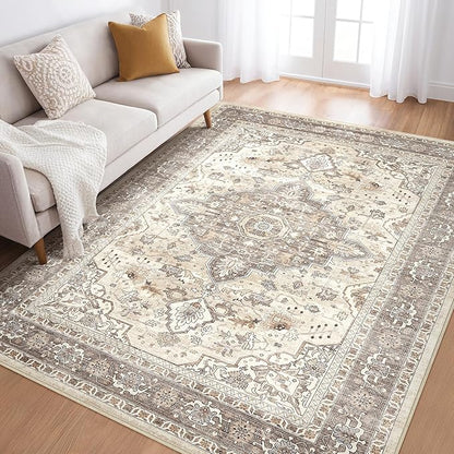 5X8 Area Rug Living Room: Washable Boho Large Neutral Vintage Soft Rugs Stain Resistant Farmhouse Non Slip Indoor Floor Carpet for Bedroom Nursery Kids Playroom Office Dining Room Home Decor- Brown