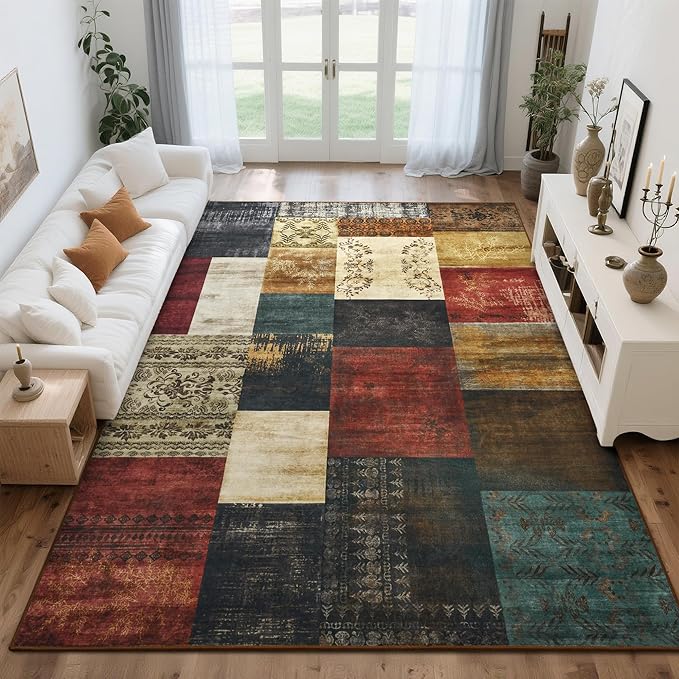 Tepook Modern Area Rug for Living Room, 5x7 Geometric Large Rugs for Bedroom, Washable Patchwork Rug Indoor Non-Slip Throw Carpets for Dining Room Office Farmhouse Home Decor, Multi