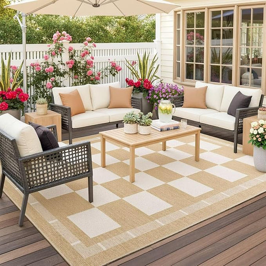 Vasofe Checkered Jute 5x7 Area Rugs, Washable Outdoor Patio Rug for Living Room Bedroom Indoor Carpet, Non Slip Modern Farmhouse Neutral Geometric Rugs Office Porch Dining Room Mat, Khaki and White