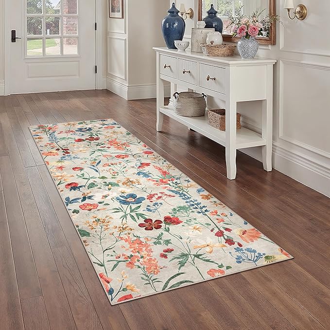 Floral Runner Rug 2x5 Washable Hallway Long Beige Bedroom Carpet Non Slip Indoor Boho Kitchen Low Pile Accent Rug Lightweight Soft for Bathroom Dining Laundry Living Room