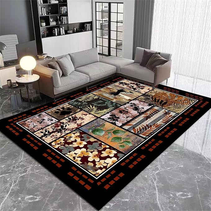 Rustic Cabin Area Rug 6x8ft, Animal & Moroccan Plaid Pattern Vintage Boho Carpet, Stain-Resistant Pet-Friendly & Non-Slip Low Pile for Living Room, Bedroom, Dining Room
