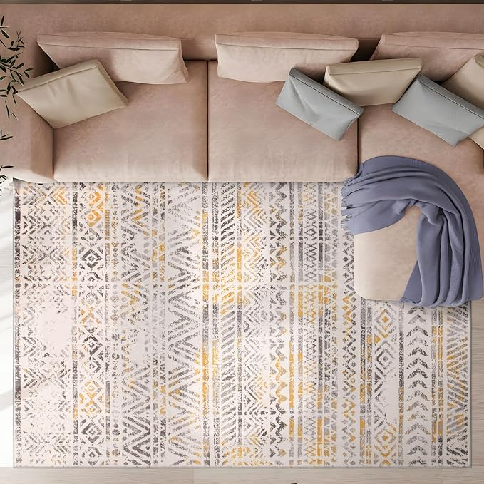 Rugshop Geometric Boho Area Rug – Warm Yellow Tribal Pattern, Perfect for Living Room, Bedroom, Dining Room, 5x7