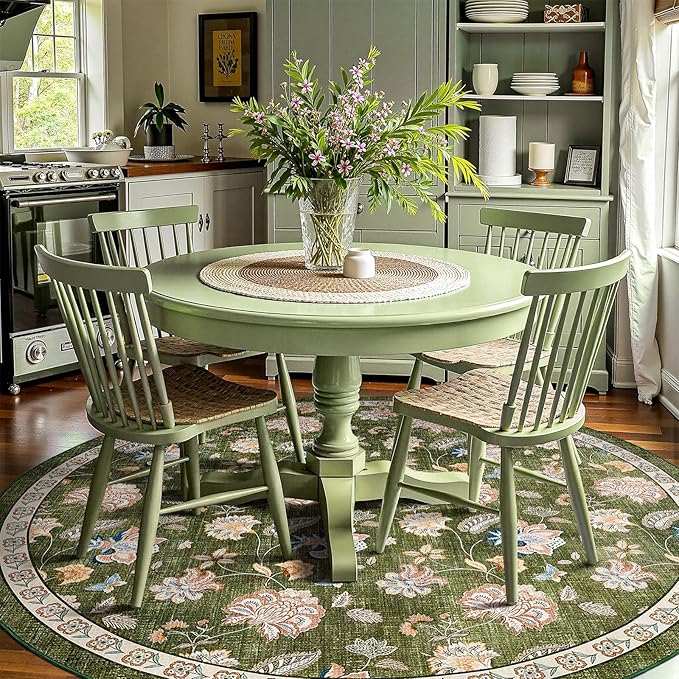 jinchan Elora 8ft Floral Round Rug for Dining Room Washable Living Room Rug Vintage Romance Design Non Slip Indoor Floor Cover Lightweight Low-Profile Throw Carpet for Bedroom Porch Patio, Green