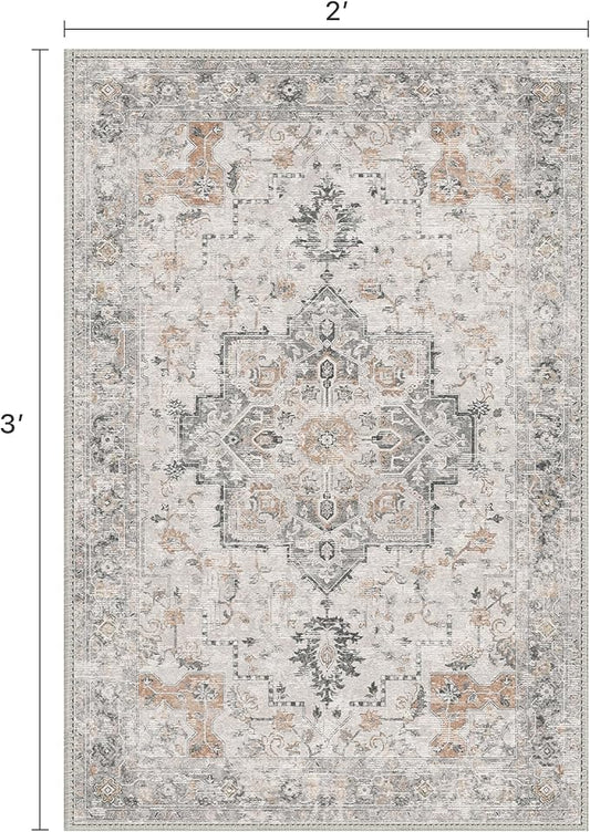 Area Rug 2x3 Doormat, Machine Washable Low Pile Rugs, Small Retro Entryway Mat for Entrance, Hallway, Kitchen and Corridor, Light Taupe Brown