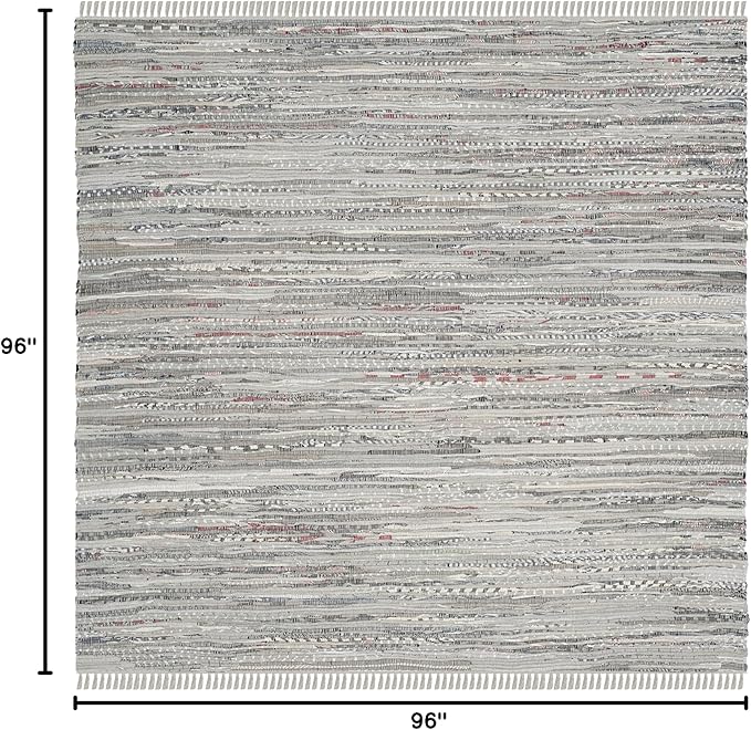 SAFAVIEH Rag Rug Collection Area Rug - 8' Square, Grey, Handmade Boho Stripe Cotton, Ideal for High Traffic Areas in Living Room, Bedroom (RAR121A)