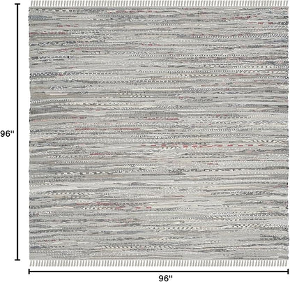 SAFAVIEH Rag Rug Collection Area Rug - 8' Square, Grey, Handmade Boho Stripe Cotton, Ideal for High Traffic Areas in Living Room, Bedroom (RAR121A)
