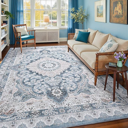 6x9 Area Rug for Bedroom, Machine Washable Rugs with Non-Slip Backing for Living Room, Large Vintage Carpet Kitchen Laundry Kids Room Decor, Blue & Beige