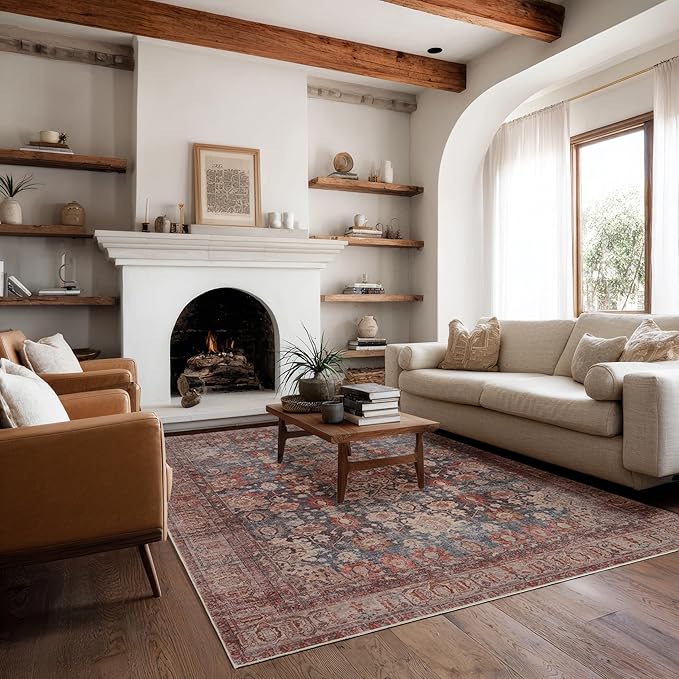 Kuden 6x9 Area Rug, Machine Washable Area Rug with Non-Slip Backing, Vintage Style, Soft, Easy Clean, Low Pile Rug for Living Room, Bedroom, Dining Room