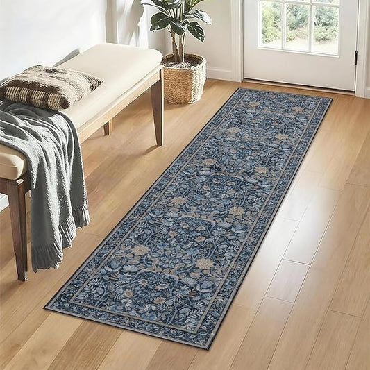 Washable Runner Rug 2x6: Vintage Boho Floral Carpet Runners for Hallway Entryway Non-Slip - Soft Botanical Low Pile Thin Mat for Kitchen Bathroom Bedroom Laundry Floor Decor - Slate Blue