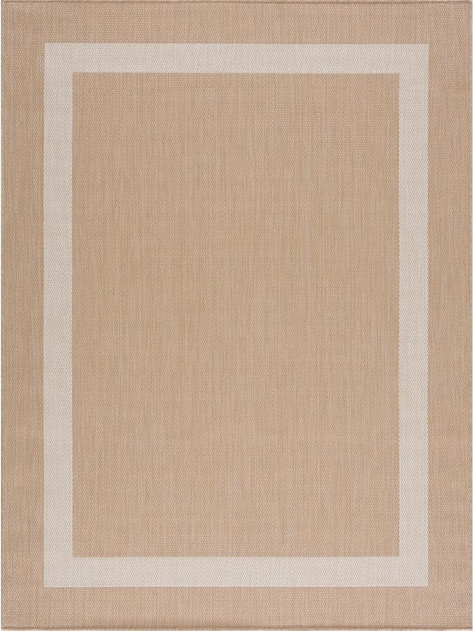 CAMILSON Outdoor Rug 5x7, Modern Outside Rugs for Patios Porches Waterproof Durable Washable Non-Shedding, Easy-to-Clean Indoor Outdoor Area Carpet (5 x 7, Bordered - Beige/White)
