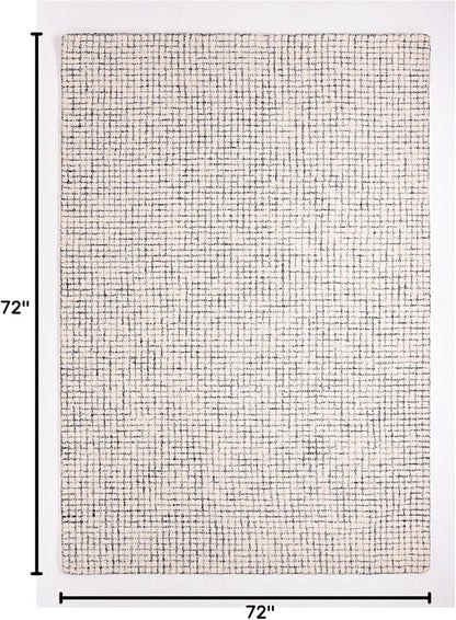 Hand-Tufted 100% Wool Pile Area Rug – Geometric Textured Grid Check Pattern – Thick and Durable Floor Carpet for Bedroom, Living Room, Kids Room, and Dining Area (Ivory, Denim, 6' Round)