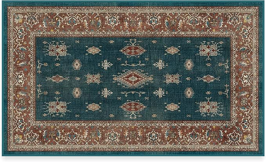 RUGGABLE Washable Vintage Area Rug – Verena Teal Blue 3x5, Stain-Resistant, Non-Slip – Small Machine Washable Rugs for Living Room, Bedroom, Hallway, Entryway & Office–with Cushioned Pad