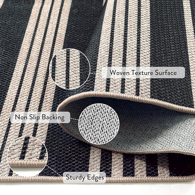 Lahome Striped Easy Jute Washable Rug, 3x5 Outdoor Porch Patio Entryway Rug Indoor Outdoor Carpet for Living Room, Farmhouse Neutral Non Slip Black Carpet for Backyard Bedroom Kitchen
