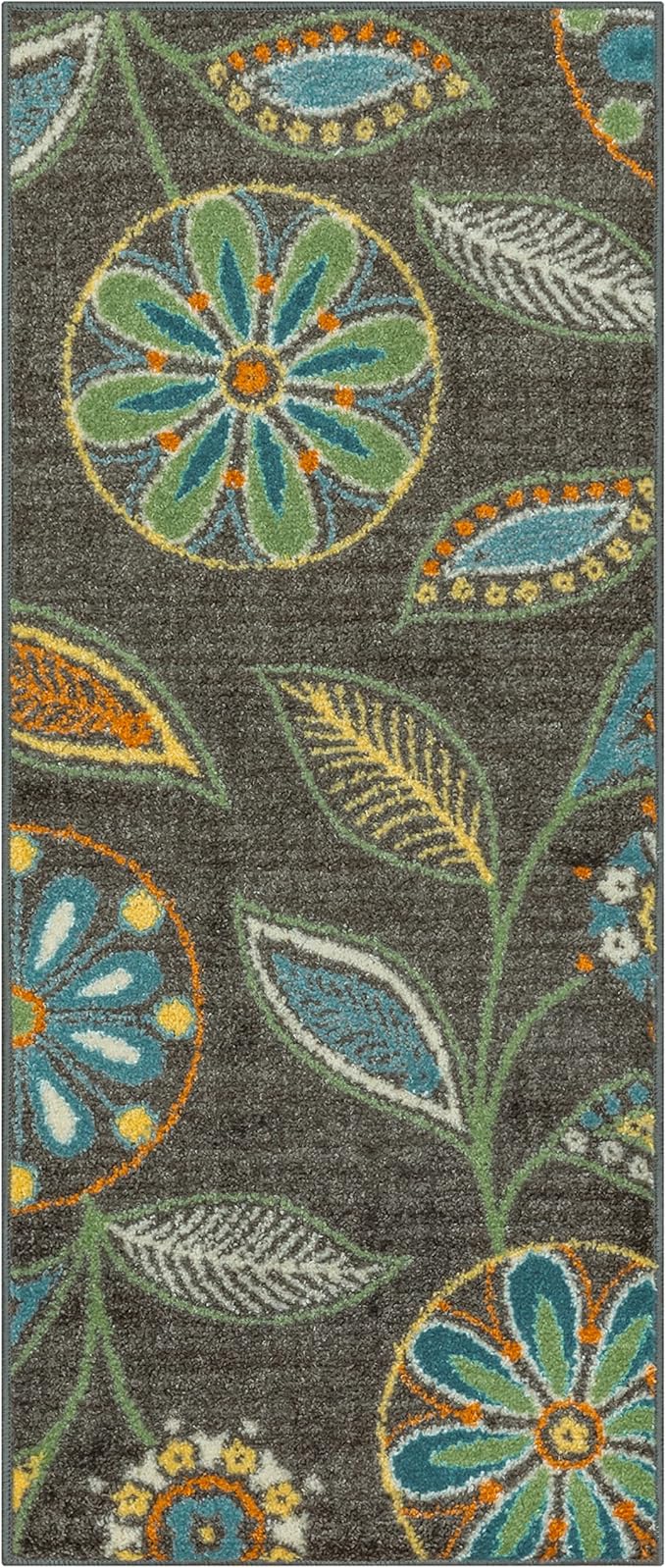 Maples Rugs Reggie Floral Runner Rug - Made in USA - Washable, Non Slip Indoor Carpet for Kitchen, Hallway, and Laundry Room, 1'8 x 4', Dark Grey