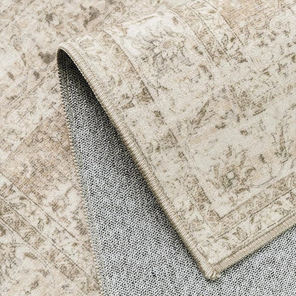 5x7 Washable Beige Area Rug Vintage Living Room Bedroom Carpet Non-Slip Soft Low Pile Distressed Indoor Throw Rug for Dining Room Entryway Office