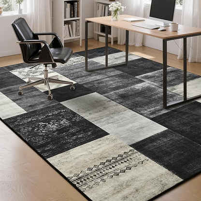 Tepook Modern Area Rug for Living Room, 6x9 Geometric Large Rugs for Bedroom, Washable Patchwork Rug Indoor Non-Slip Throw Carpets for Dining Room Office Farmhouse Home Decor, Black and White