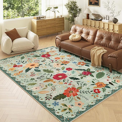 Living Room Rug 8x10 Rug Machine Washable Boho Area Rug Non Slip Floral Vintage Low Pile Large Rugs for Living Room, Bedroom, Farmhouse, Dining Room (Green)