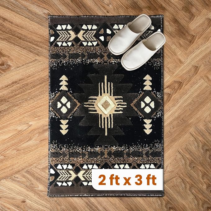 YHSF South West Native American Area Rug C318 - Easy Clean, Thick, Soft, Durable Native Tribal American Indian Inspired Rug for Bedroom/Living Room and More - Black, 2 Feet x 3 Feet 4 Inches