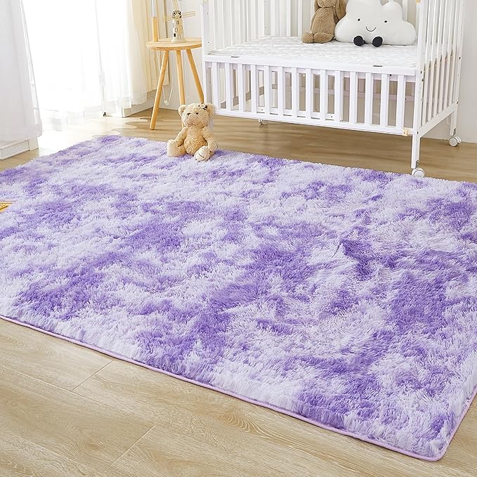 Andency Soft Area Rugs for Living Room Bedroom, 4x6 Fluffy Shaggy Bedside Rug, Non-Slip Large Shag Fuzzy Plush Carpets for Bedroom Kids Dorm Nursery Home Decor Aesthetic, Tie-Dyed Purple