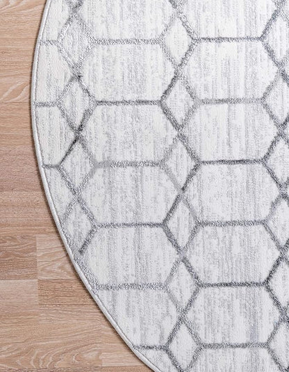 Rugs.com Lattice Trellis Collection Rug – 5 Ft Round White Low-Pile Rug Perfect for Kitchens, Dining Rooms