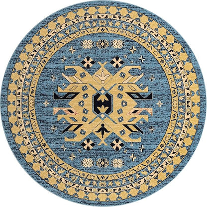 Unique Loom Taftan Collection Border Geometric Tribal Inspired Design Area Rug (8' 0 x 8' 0 Round, Light Blue/ Gold)