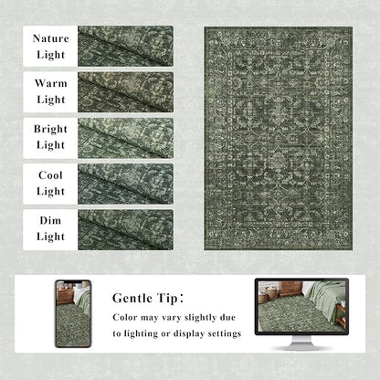 Washable Area Rug 2x3 Green Rugs for Living Room, Vintage Boho Rug for Bedroom Dining Room Office, Distressed Floral Print Carpet for Under Table, Soft Non Slip Low Pile Throw Carpet Indoor Mat