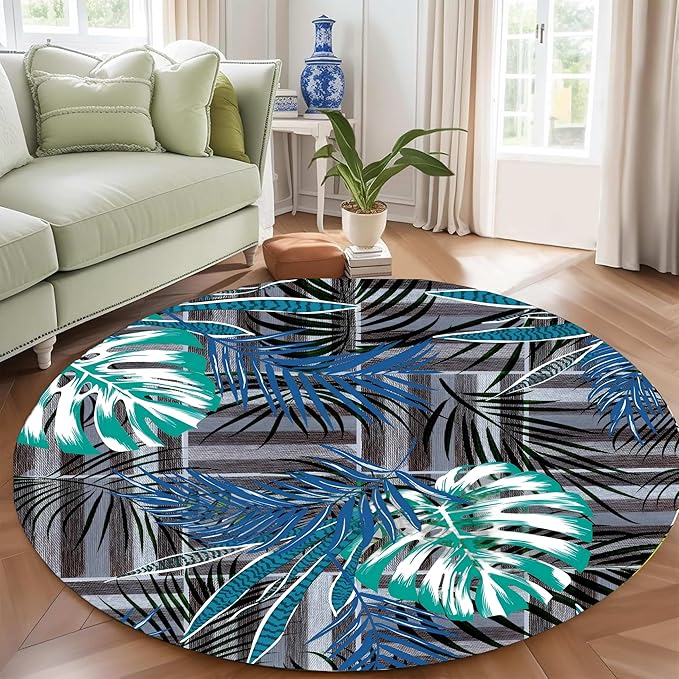 Round Area Rug 5ft - Abstract Palm Leaf Pattern, Non-Slip Machine Washable Low Pile Carpet for Bathroom, Living Room, Bedroom, Entryway, Durable Indoor Floor Mat